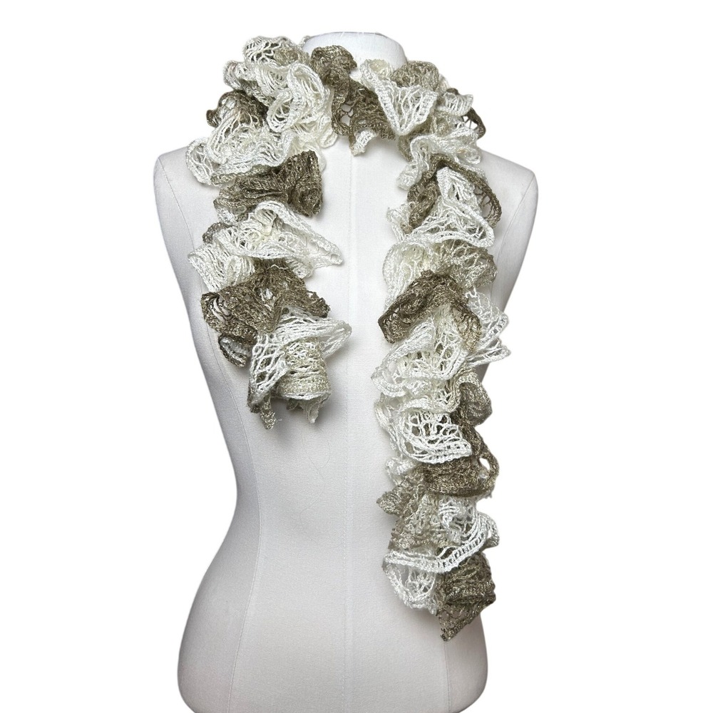Y2K Ruffle Sash Scarf Cream Olive Green Open Knit Mesh Whimsigoth Boho Scarf
